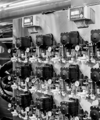 Black and white photo of modern industrial and technological equipment at the brewery