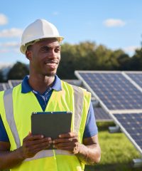 Portrait Of Male Engineer With Digital Tablet Inspecting Solar Panels Generating Renewable Energy